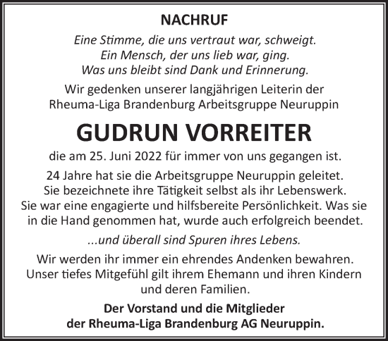 Traueranzeige von Gudrun Vorreiter von Märkische Oderzeitung