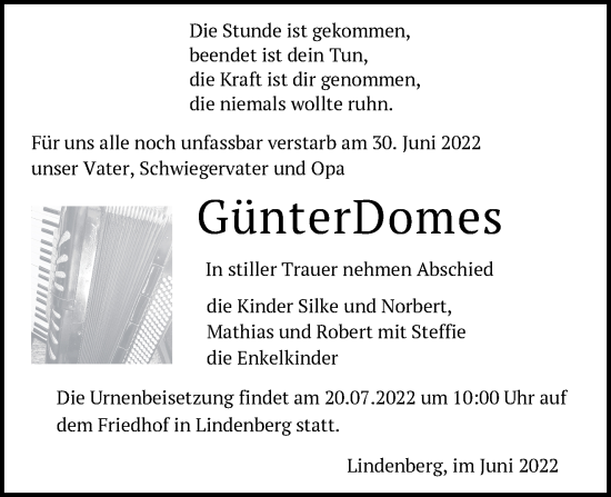 Traueranzeige von Günter Domes von Märkische Oderzeitung