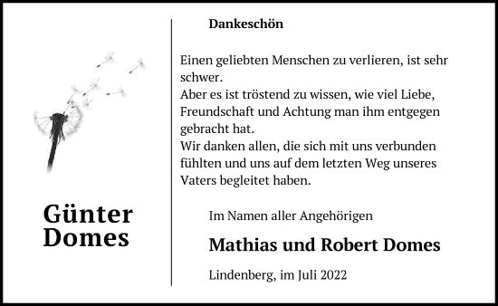 Traueranzeige von Günter Domes von Märkische Oderzeitung