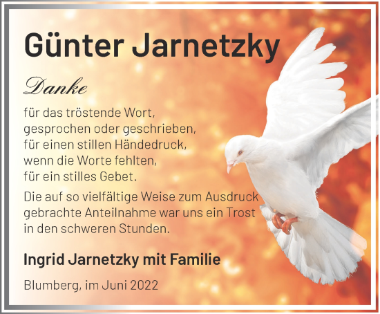 Traueranzeige von Günter Jarnetzky von Märkische Oderzeitung