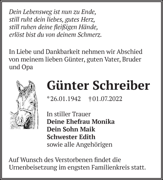 Traueranzeige von Günter Schreiber von Märkische Oderzeitung