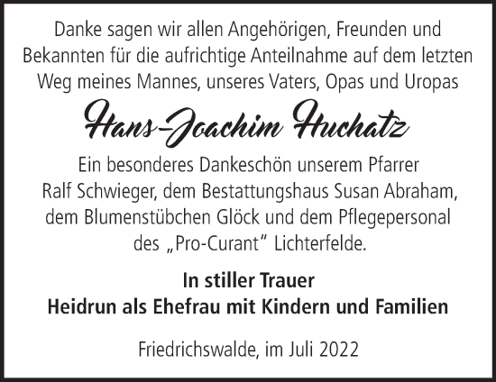 Traueranzeige von Hans-Joachim Huchatz von Märkische Oderzeitung