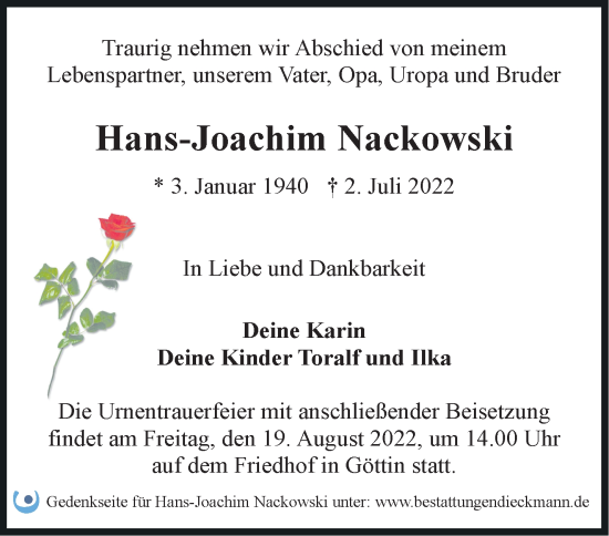 Traueranzeige von Hans-Joachim Nackowski von Märkische Oderzeitung