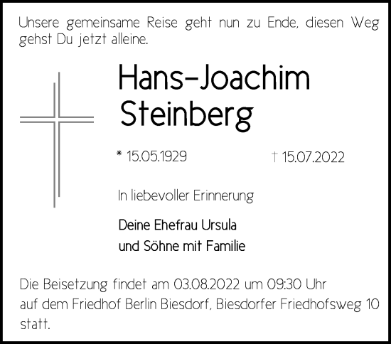 Traueranzeige von Hans-Joachim Steinberg von Märkische Oderzeitung