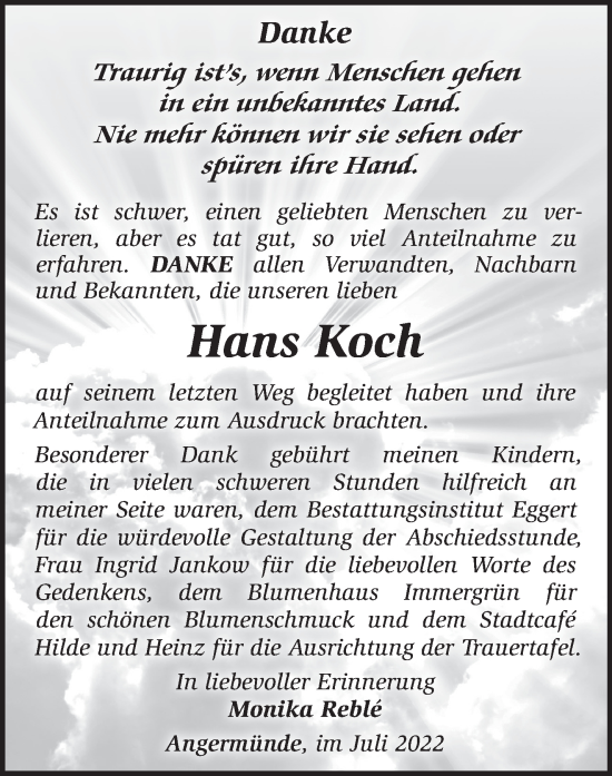 Traueranzeige von Hans Koch von Märkische Oderzeitung