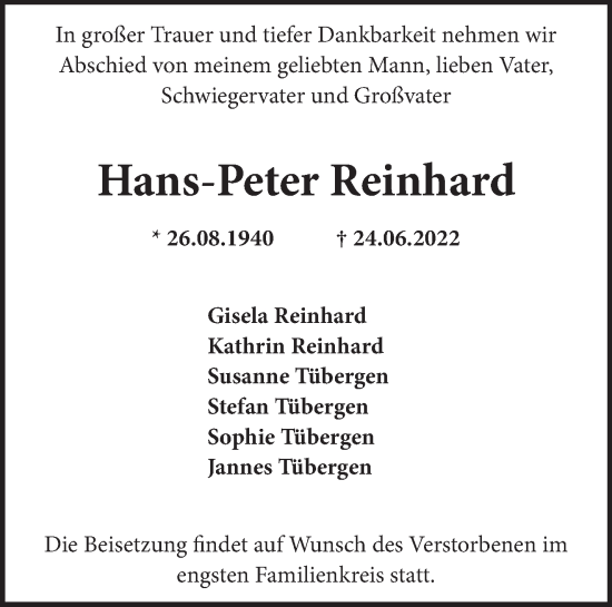 Traueranzeige von Hans-Peter Reinhard von Märkische Oderzeitung