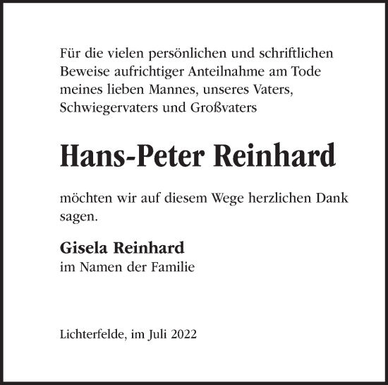 Traueranzeige von Hans-Peter Reinhard von Märkische Oderzeitung