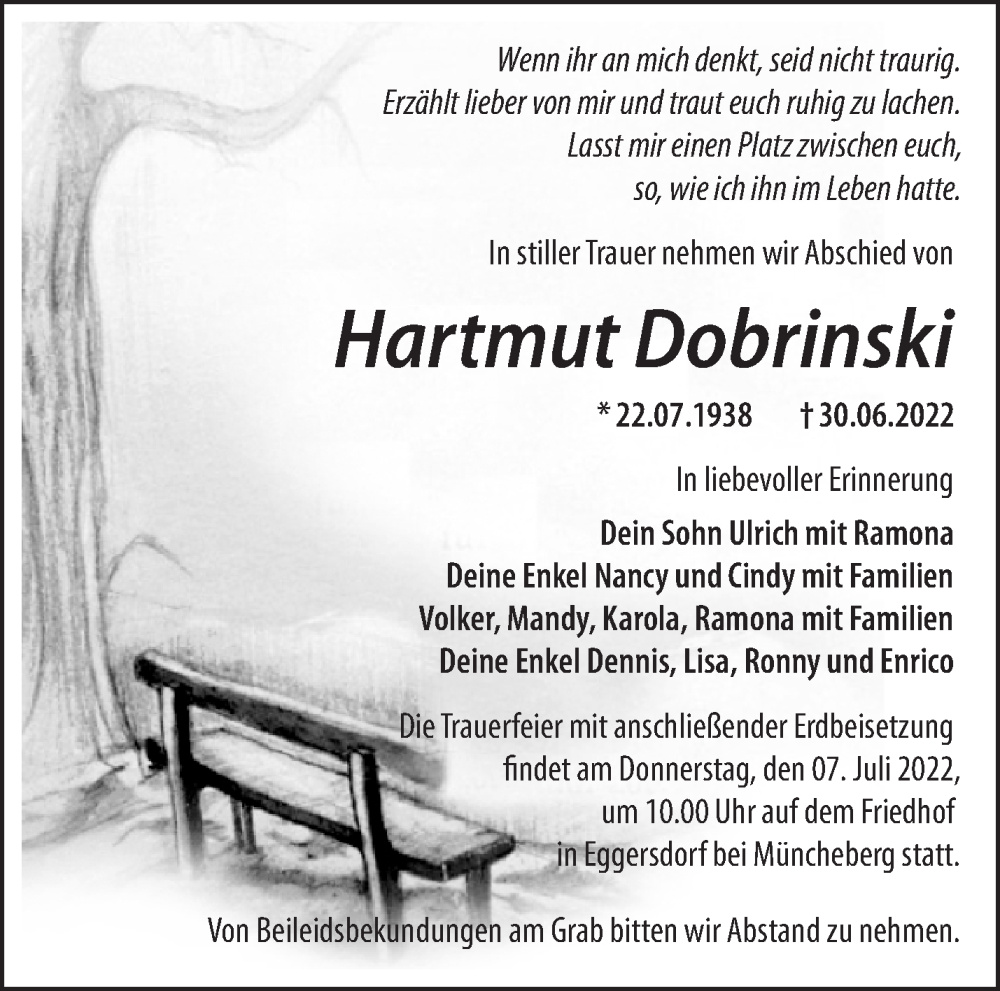  Traueranzeige für Hartmut Dobrinski vom 05.07.2022 aus Märkische Oderzeitung