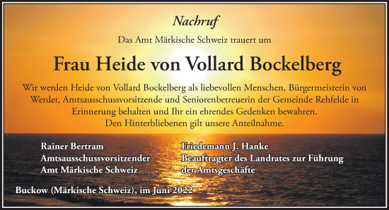 Traueranzeige von Heide von Vollard Bockelberg von Märkische Oderzeitung