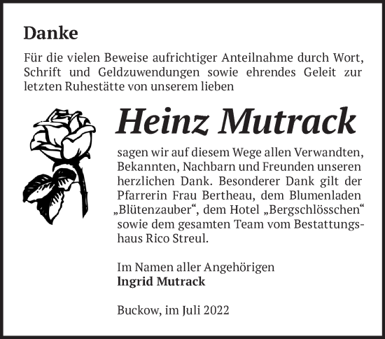 Traueranzeige von Heinz Mutrack von Märkische Oderzeitung