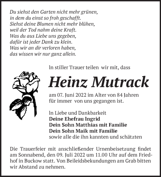 Traueranzeige von Heinz Mutrack von Märkische Oderzeitung