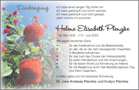 Traueranzeige von Helene Elisabeth Plenzke von Märkische Oderzeitung