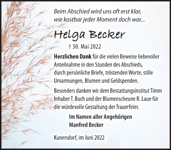 Traueranzeige von Helga Becker von Märkische Oderzeitung