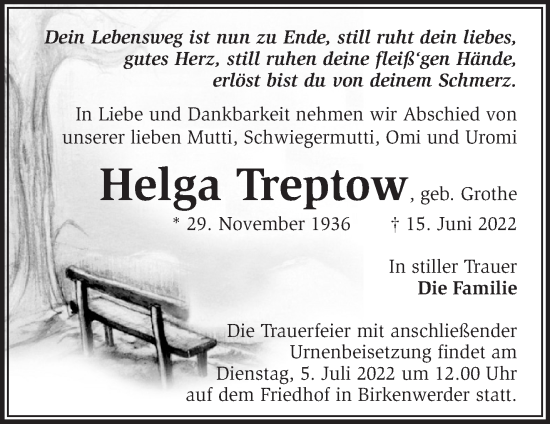 Traueranzeige von Helga Treptow von Märkische Oderzeitung