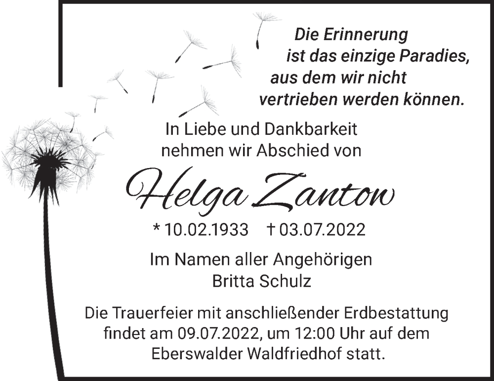  Traueranzeige für Helga Zantow vom 06.07.2022 aus Märkische Oderzeitung