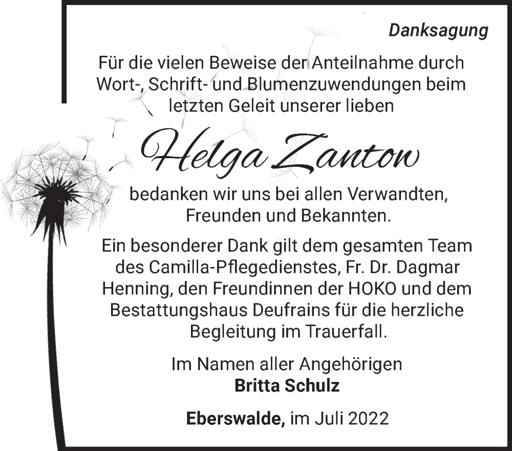  Traueranzeige für Helga Zantow vom 16.07.2022 aus Märkische Oderzeitung