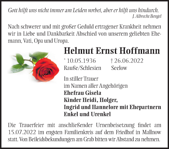 Traueranzeige von Helmut Ernst Hoffmann von Märkische Oderzeitung