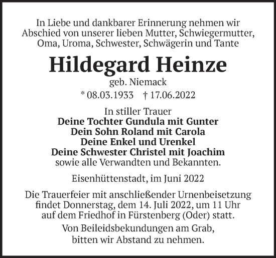 Traueranzeige von Hildegard Heinze von Märkische Oderzeitung