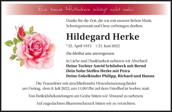 Traueranzeige von Hildegard Herke von Märkische Oderzeitung