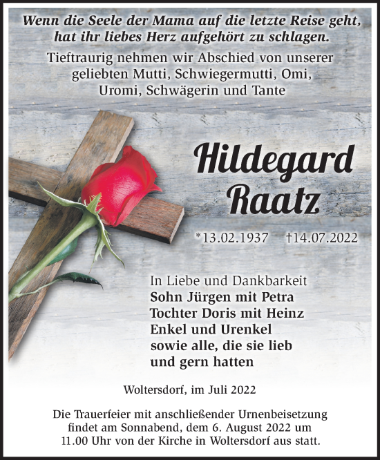 Traueranzeige von Hildegard Raatz von Märkische Oderzeitung