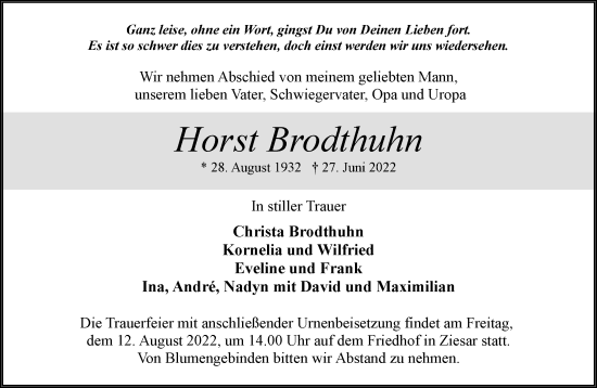 Traueranzeige von Horst Brodthuhn von Märkische Oderzeitung