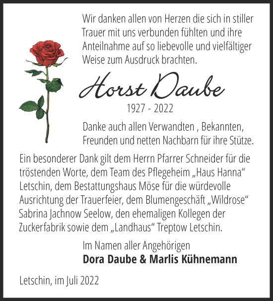 Traueranzeige von Horst Daube von Märkische Oderzeitung