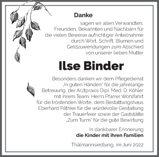 Traueranzeige von Ilse Binder von Märkische Oderzeitung