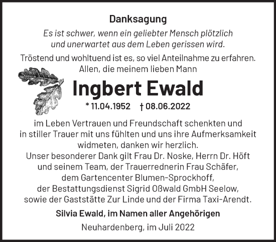 Traueranzeige von Ingbert Ewald von Märkische Oderzeitung