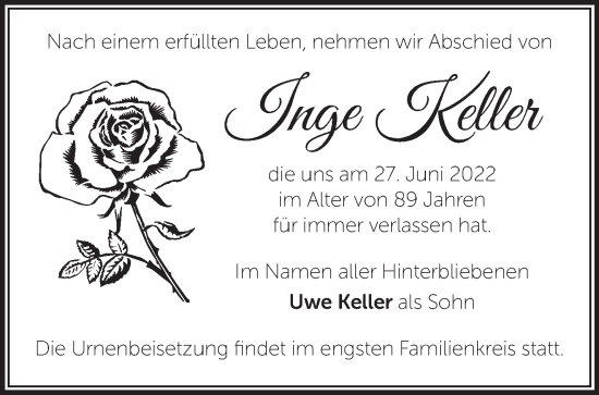 Traueranzeige von Inge Keller von Märkische Oderzeitung