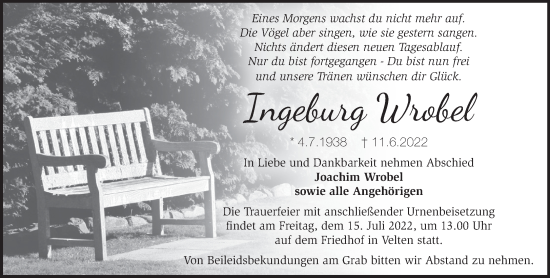 Traueranzeige von Ingeburg Wrobel von Märkische Oderzeitung