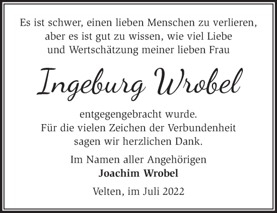 Traueranzeige von Ingeburg Wrobel von Märkische Oderzeitung