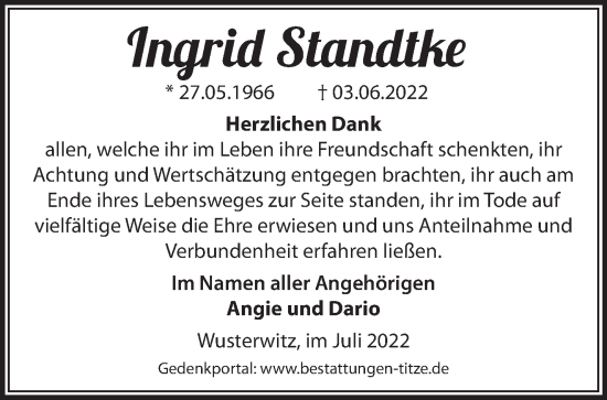 Traueranzeige von Ingrid Standtke von Märkische Oderzeitung