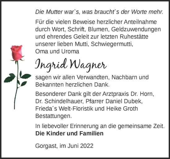 Traueranzeige von Ingrid Wagner von Märkische Oderzeitung