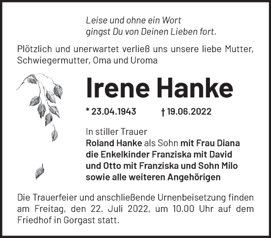 Traueranzeige von Irene Hanke von Märkische Oderzeitung