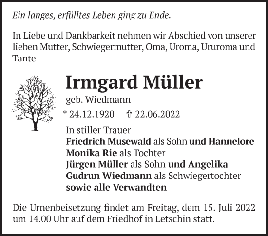 Traueranzeige von Irmgard Müller von Märkische Oderzeitung