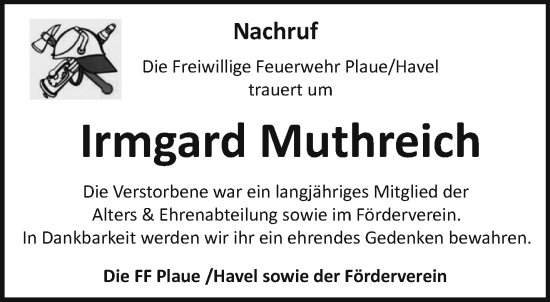 Traueranzeige von Irmgard Muthreich von Märkische Oderzeitung