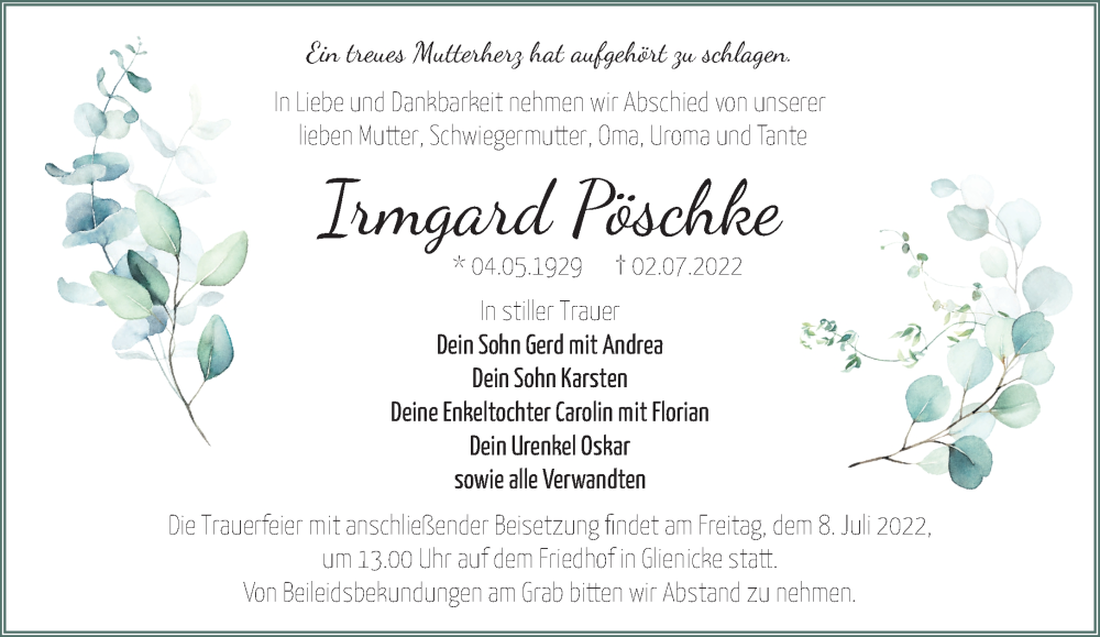  Traueranzeige für Irmgard Pöschke vom 06.07.2022 aus Märkische Oderzeitung