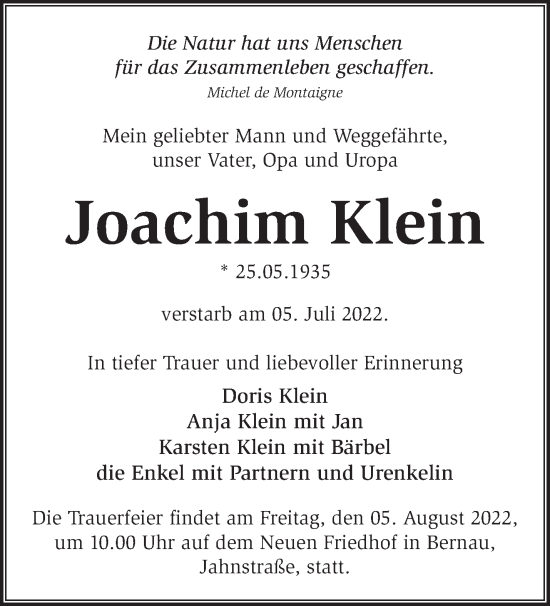 Traueranzeige von Joachim Klein von Märkische Oderzeitung