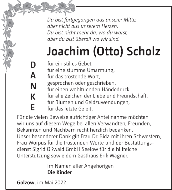 Traueranzeige von Joachim Scholz von Märkische Oderzeitung