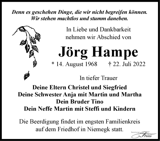 Traueranzeige von Jörg Hampe von Märkische Oderzeitung