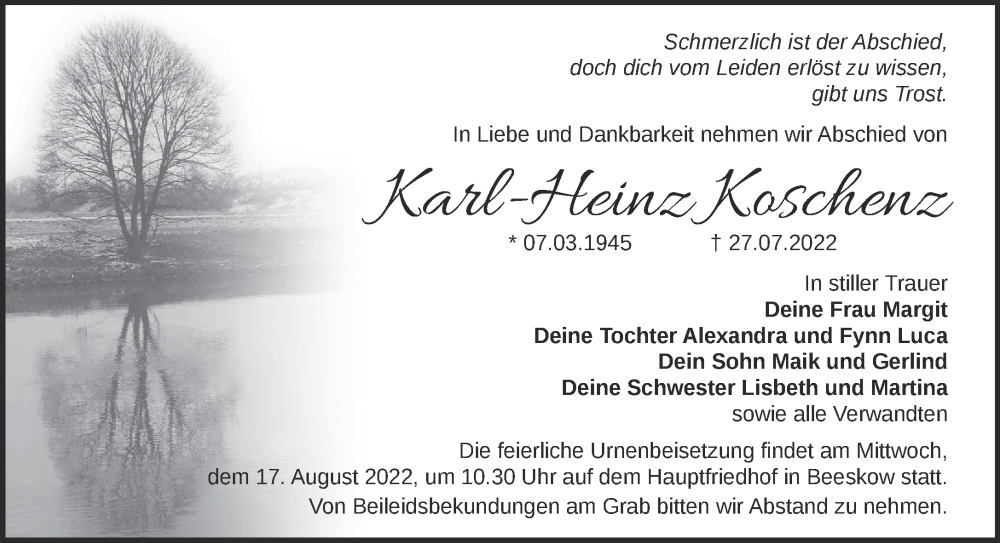  Traueranzeige für Karl-Heinz Koschenz vom 30.07.2022 aus Märkische Oderzeitung