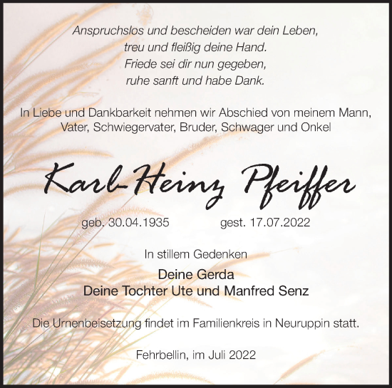 Traueranzeige von Karl-Heinz Pfeiffer von Märkische Oderzeitung