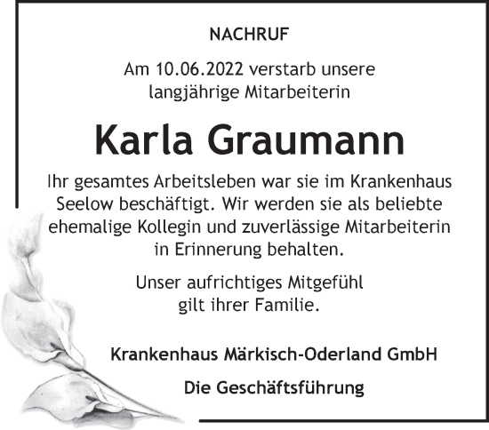 Traueranzeige von Karla Graumann von Märkische Oderzeitung