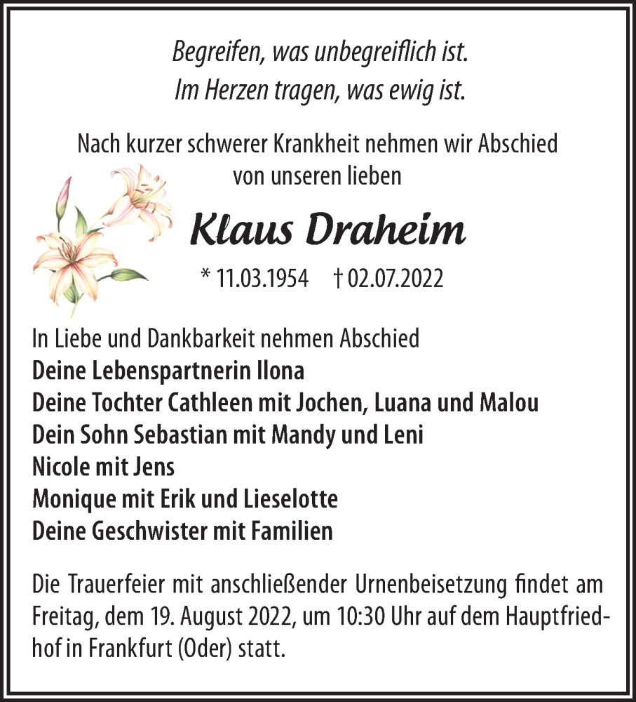  Traueranzeige für Klaus Draheim vom 16.07.2022 aus Märkische Oderzeitung