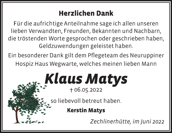 Traueranzeige von Klaus Matys von Märkische Oderzeitung