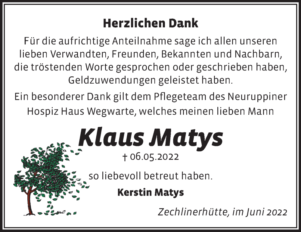  Traueranzeige für Klaus Matys vom 02.07.2022 aus Märkische Oderzeitung