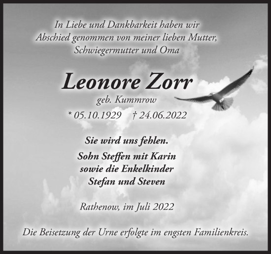 Traueranzeige von Leonore Zorr von Märkische Oderzeitung