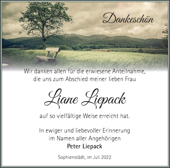 Traueranzeige von Liane Liepack von Märkische Oderzeitung