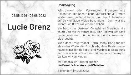 Traueranzeige von Lucie Grenz von Märkische Oderzeitung