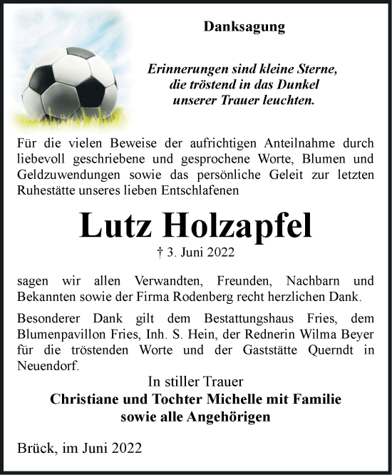 Traueranzeige von Lutz Holzapfel von Märkische Oderzeitung